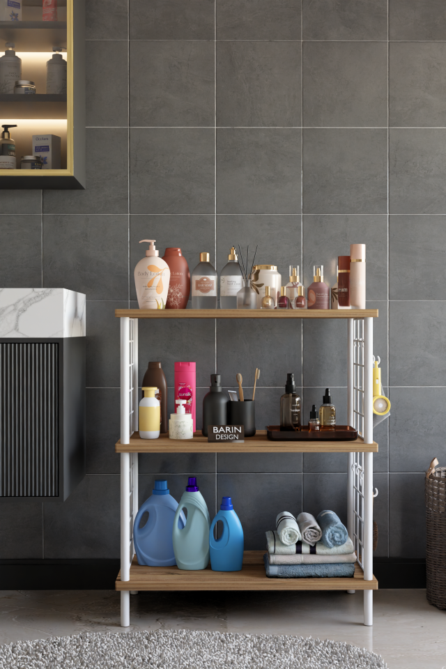 3 Raflı Çevir Tak Beyaz Telli Metal Gövdeli Çok Amaçlı Banyo Rafı ve Organizer Raf Banyo Dolabı Atlantik Çam