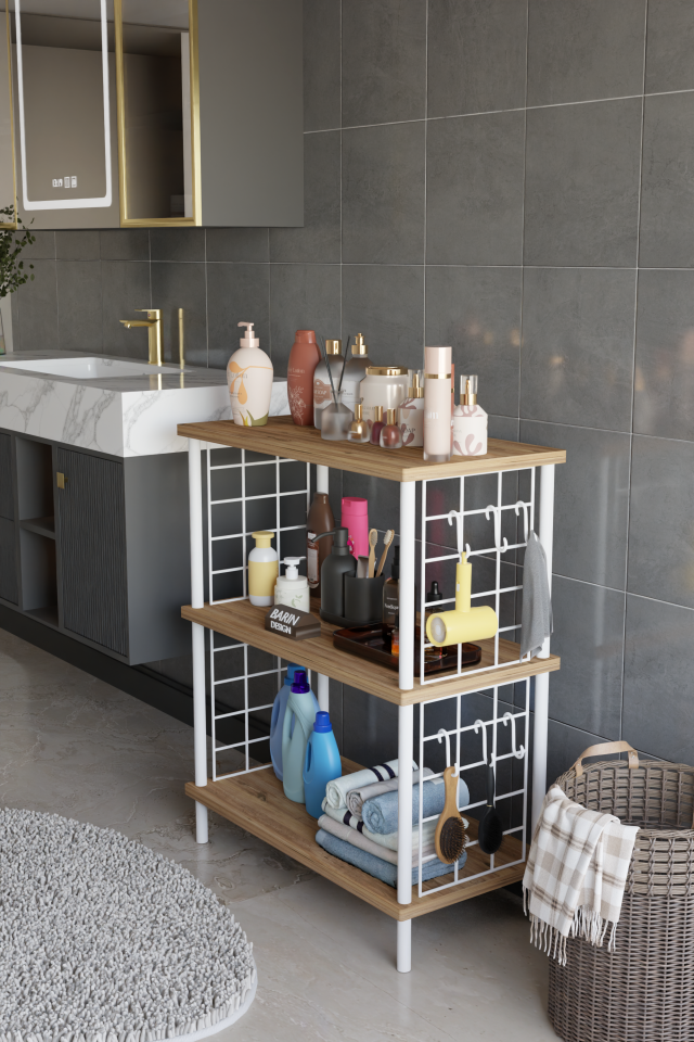 3 Raflı Çevir Tak Beyaz Telli Metal Gövdeli Çok Amaçlı Banyo Rafı ve Organizer Raf Banyo Dolabı Atlantik Çam