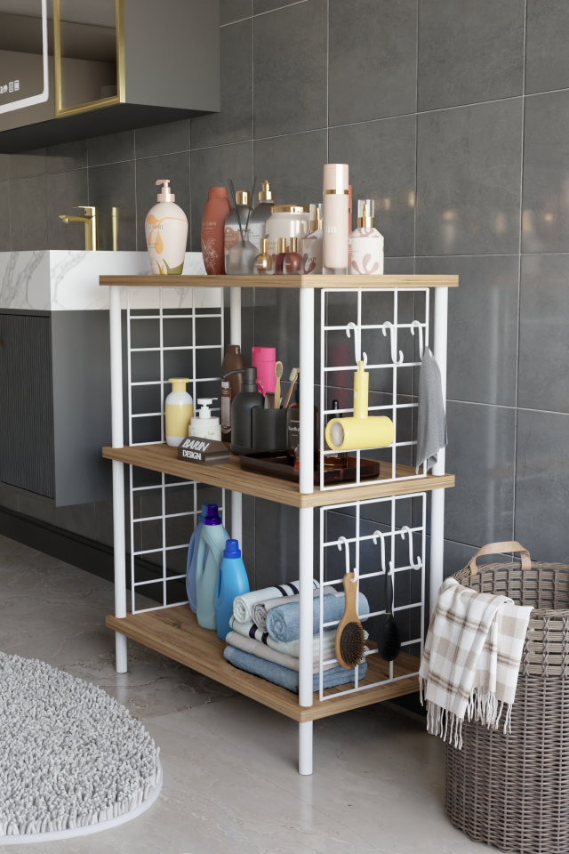 3 Raflı Çevir Tak Beyaz Telli Metal Gövdeli Çok Amaçlı Banyo Rafı ve Organizer Raf Banyo Dolabı Atlantik Çam