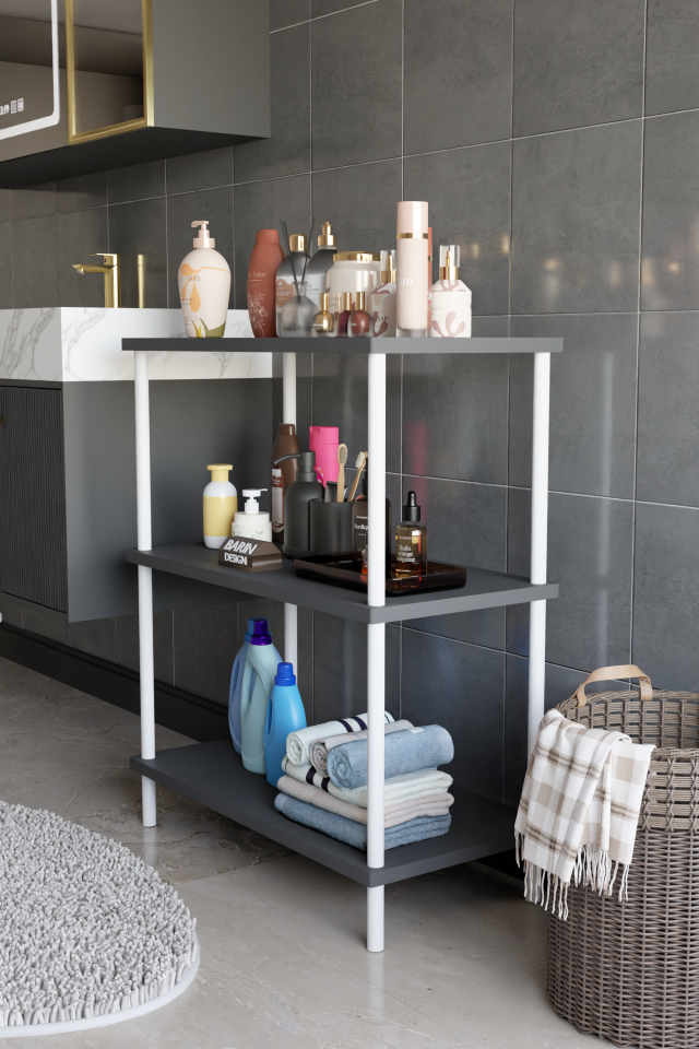 3 Raflı Çevir Tak Beyaz Metal Gövdeli Çok Amaçlı Banyo Rafı ve Organizer Raf Banyo Dolabı Antrasit