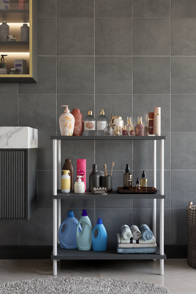 3 Raflı Çevir Tak Beyaz Metal Gövdeli Çok Amaçlı Banyo Rafı ve Organizer Raf Banyo Dolabı Antrasit