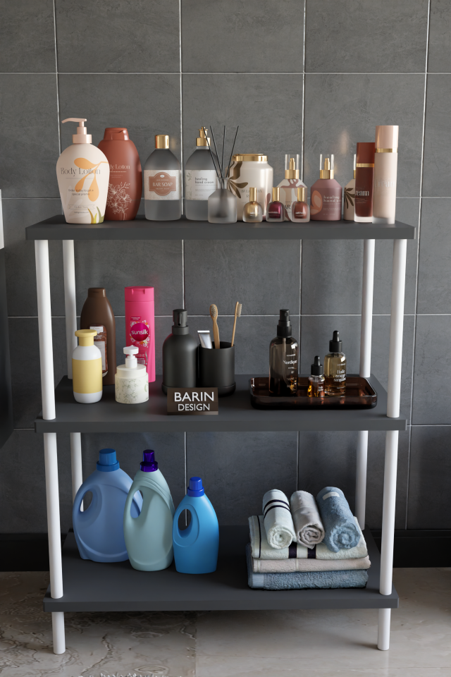 3 Raflı Çevir Tak Beyaz Metal Gövdeli Çok Amaçlı Banyo Rafı ve Organizer Raf Banyo Dolabı Antrasit