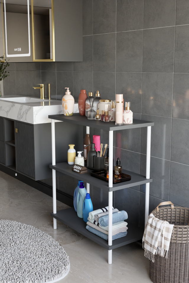 3 Raflı Çevir Tak Beyaz Metal Gövdeli Çok Amaçlı Banyo Rafı ve Organizer Raf Banyo Dolabı Antrasit