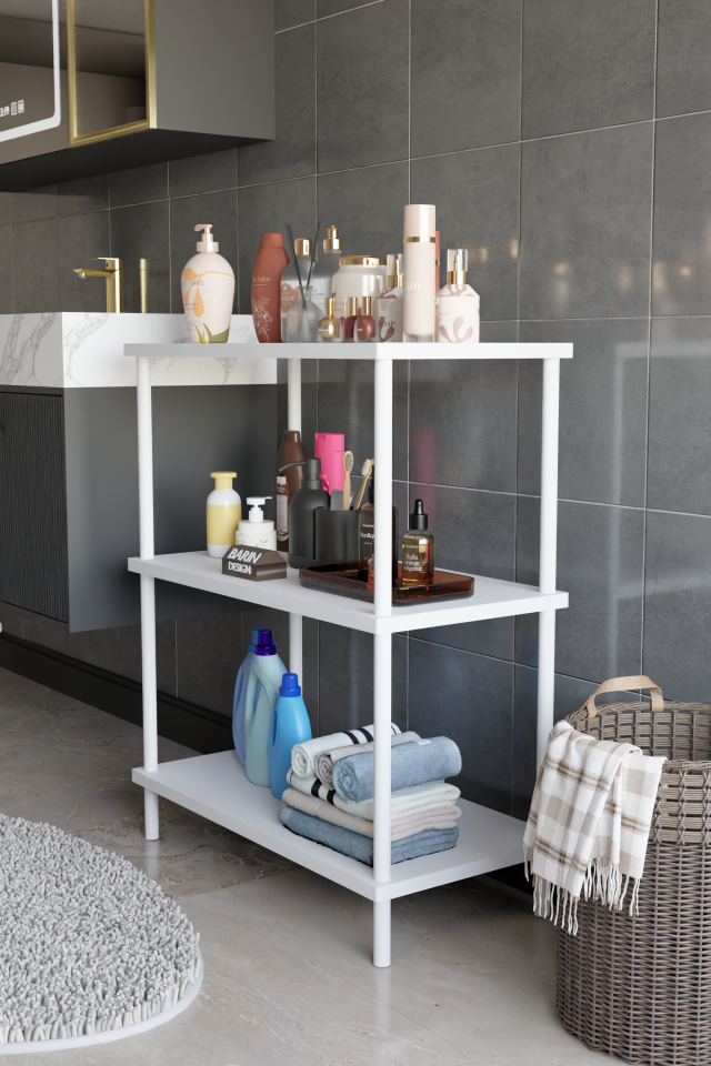 3 Raflı Çevir Tak Beyaz Metal Gövdeli Çok Amaçlı Banyo Rafı ve Organizer Raf Banyo Dolabı Beyaz