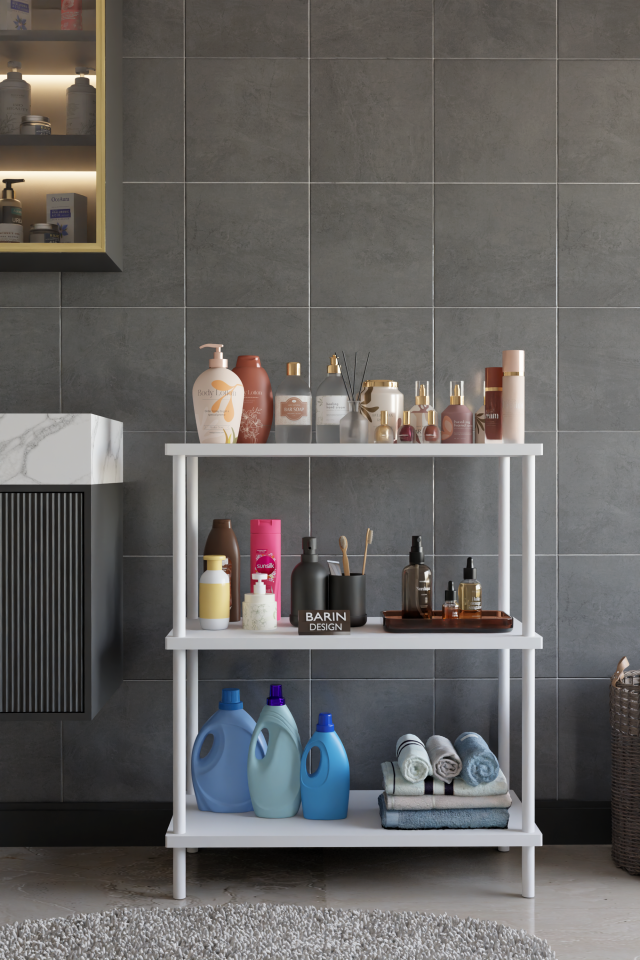 3 Raflı Çevir Tak Beyaz Metal Gövdeli Çok Amaçlı Banyo Rafı ve Organizer Raf Banyo Dolabı Beyaz