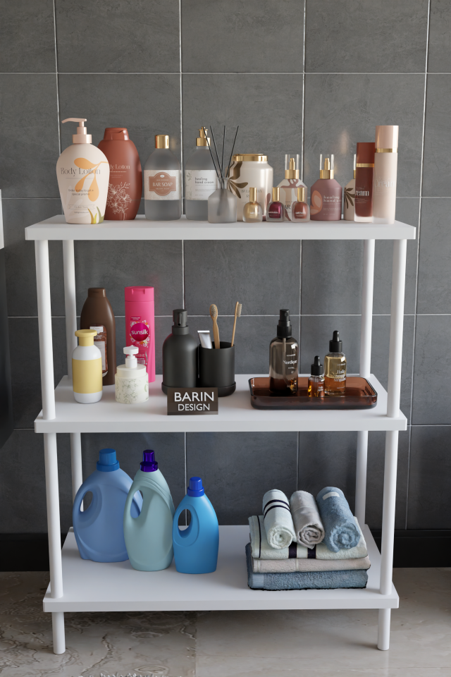 3 Raflı Çevir Tak Beyaz Metal Gövdeli Çok Amaçlı Banyo Rafı ve Organizer Raf Banyo Dolabı Beyaz