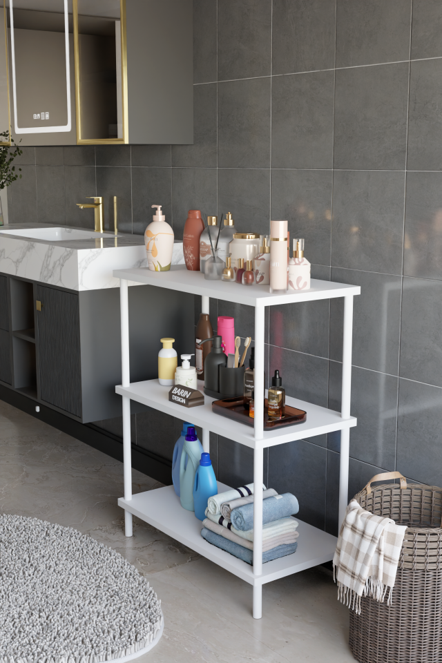 3 Raflı Çevir Tak Beyaz Metal Gövdeli Çok Amaçlı Banyo Rafı ve Organizer Raf Banyo Dolabı Beyaz