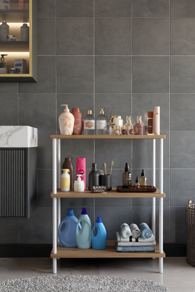 3 Raflı Çevir Tak Beyaz Metal Gövdeli Çok Amaçlı Banyo Rafı ve Organizer Raf Banyo Dolabı Atlantik Çam