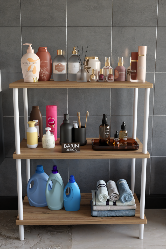 3 Raflı Çevir Tak Beyaz Metal Gövdeli Çok Amaçlı Banyo Rafı ve Organizer Raf Banyo Dolabı Atlantik Çam