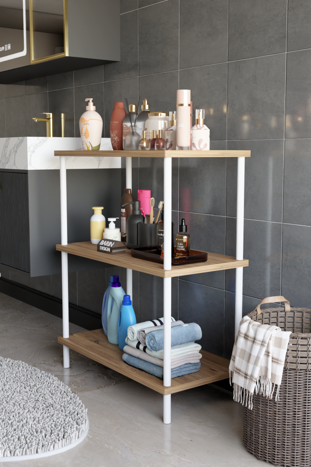 3 Raflı Çevir Tak Beyaz Metal Gövdeli Çok Amaçlı Banyo Rafı ve Organizer Raf Banyo Dolabı Atlantik Çam