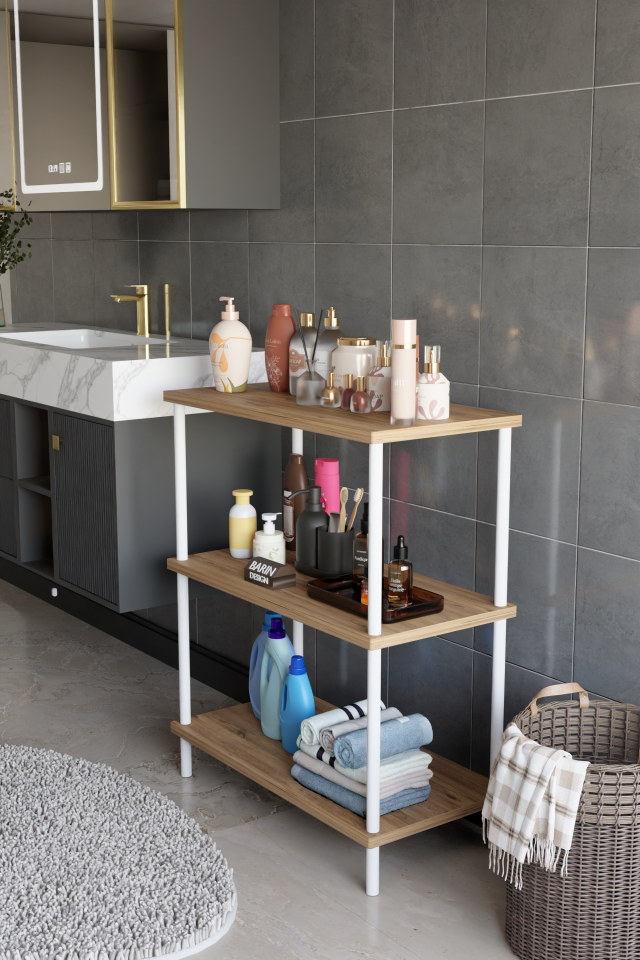 3 Raflı Çevir Tak Beyaz Metal Gövdeli Çok Amaçlı Banyo Rafı ve Organizer Raf Banyo Dolabı Atlantik Çam
