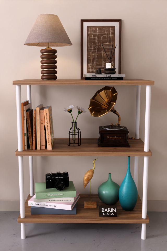 3 Raflı Çevir Tak Beyaz Metal Gövdeli Çok Amaçlı Salon Rafı ve Kitaplık Salon Organizeri Atlantik Çam