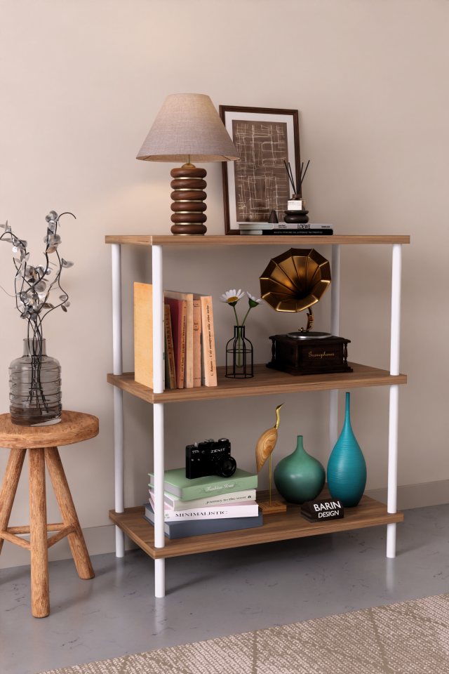 3 Raflı Çevir Tak Beyaz Metal Gövdeli Çok Amaçlı Salon Rafı ve Kitaplık Salon Organizeri Atlantik Çam