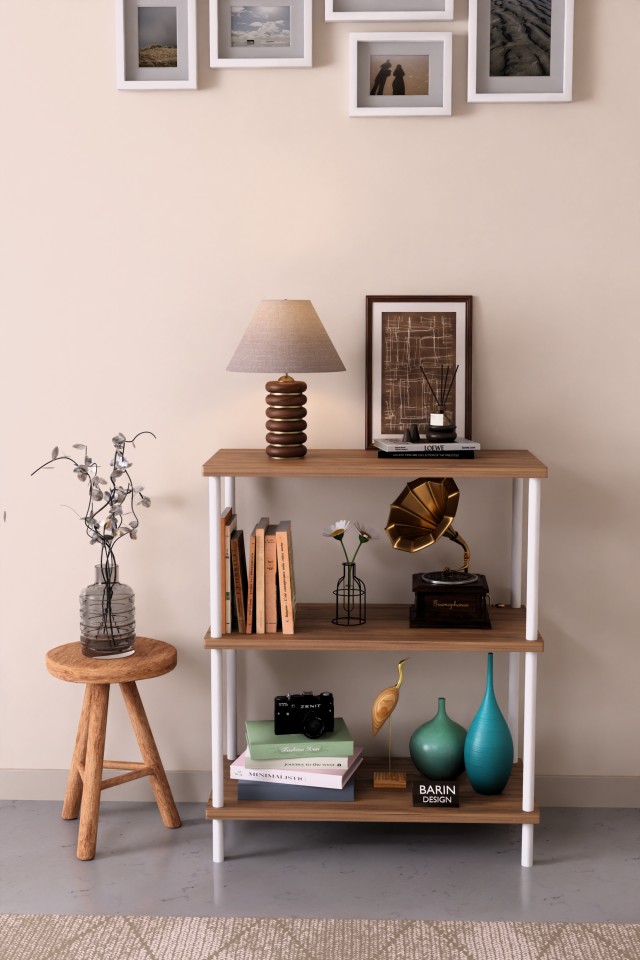 3 Raflı Çevir Tak Beyaz Metal Gövdeli Çok Amaçlı Salon Rafı ve Kitaplık Salon Organizeri Atlantik Çam