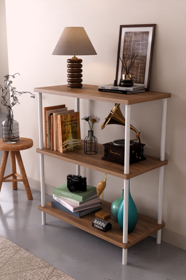 3 Raflı Çevir Tak Beyaz Metal Gövdeli Çok Amaçlı Salon Rafı ve Kitaplık Salon Organizeri Atlantik Çam