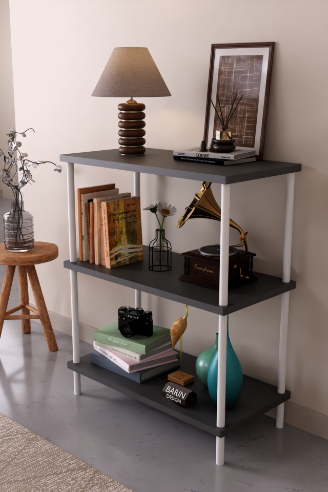 3 Raflı Çevir Tak Beyaz Metal Gövdeli Çok Amaçlı Salon Rafı ve Kitaplık Salon Organizeri Antrasit