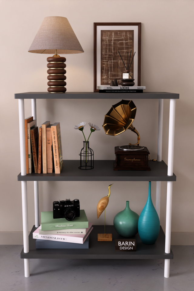 3 Raflı Çevir Tak Beyaz Metal Gövdeli Çok Amaçlı Salon Rafı ve Kitaplık Salon Organizeri Antrasit