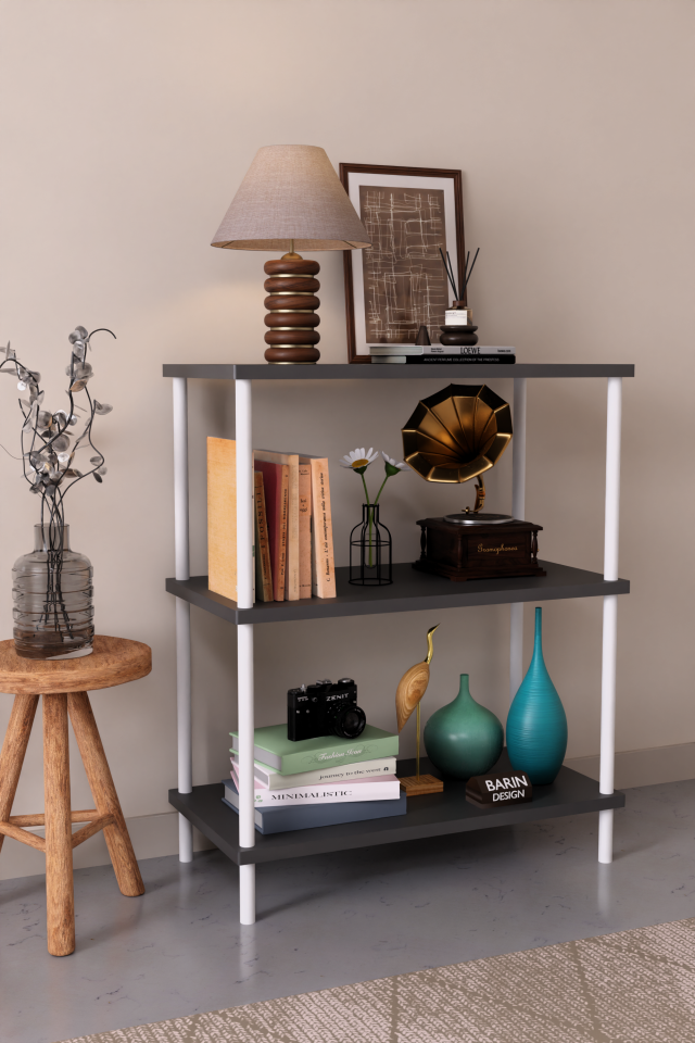 3 Raflı Çevir Tak Beyaz Metal Gövdeli Çok Amaçlı Salon Rafı ve Kitaplık Salon Organizeri Antrasit