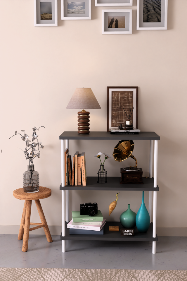 3 Raflı Çevir Tak Beyaz Metal Gövdeli Çok Amaçlı Salon Rafı ve Kitaplık Salon Organizeri Antrasit