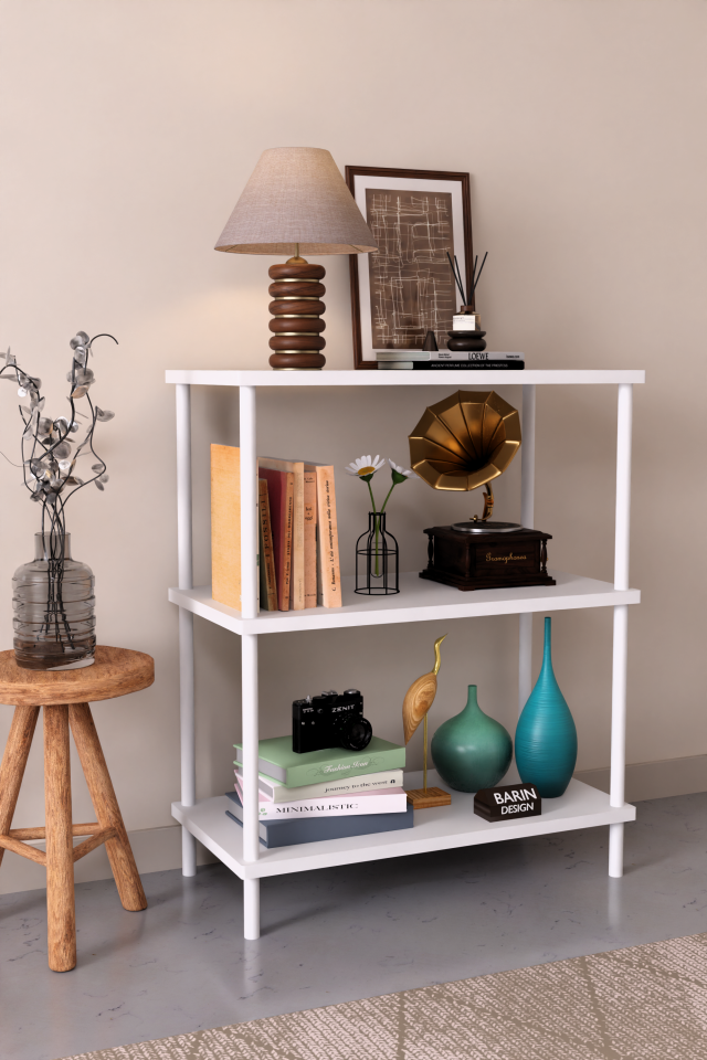 3 Raflı Çevir Tak Beyaz Metal Gövdeli Çok Amaçlı Salon Rafı ve Kitaplık Salon Organizeri Beyaz