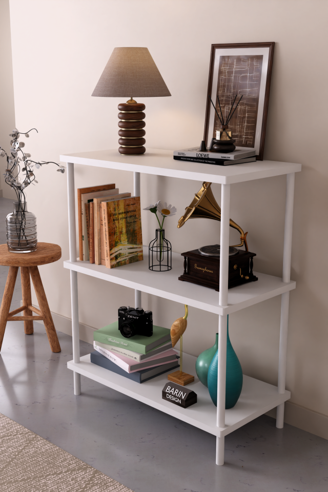 3 Raflı Çevir Tak Beyaz Metal Gövdeli Çok Amaçlı Salon Rafı ve Kitaplık Salon Organizeri Beyaz