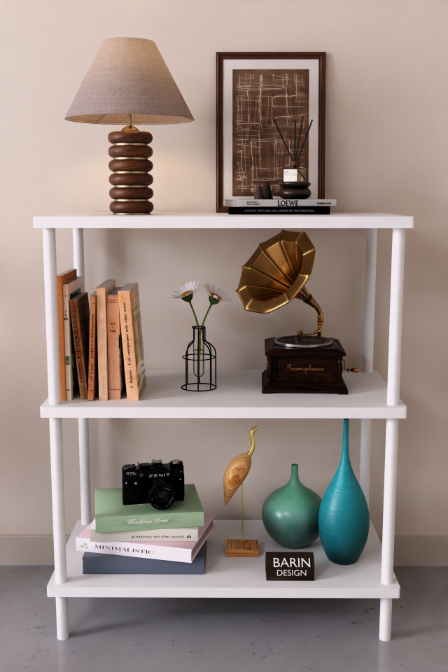 3 Raflı Çevir Tak Beyaz Metal Gövdeli Çok Amaçlı Salon Rafı ve Kitaplık Salon Organizeri Beyaz