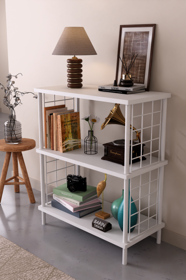 3 Raflı Çevir Tak Beyaz Telli Metal Gövdeli Çok Amaçlı Salon Rafı ve Kitaplık Salon Organizeri Beyaz