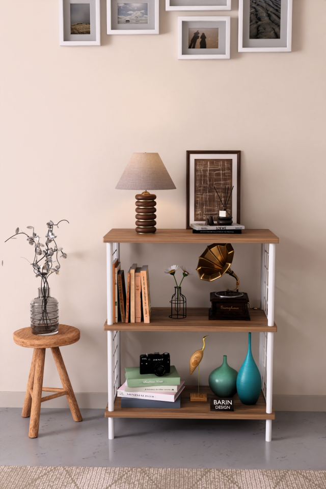 3 Raflı Çevir Tak Beyaz Telli Metal Gövdeli Çok Amaçlı Salon Rafı ve Kitaplık Salon Organizeri Atlantik Çam