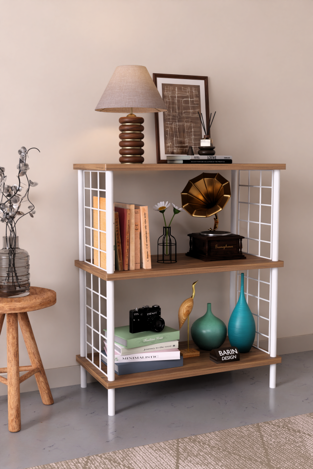 3 Raflı Çevir Tak Beyaz Telli Metal Gövdeli Çok Amaçlı Salon Rafı ve Kitaplık Salon Organizeri Atlantik Çam