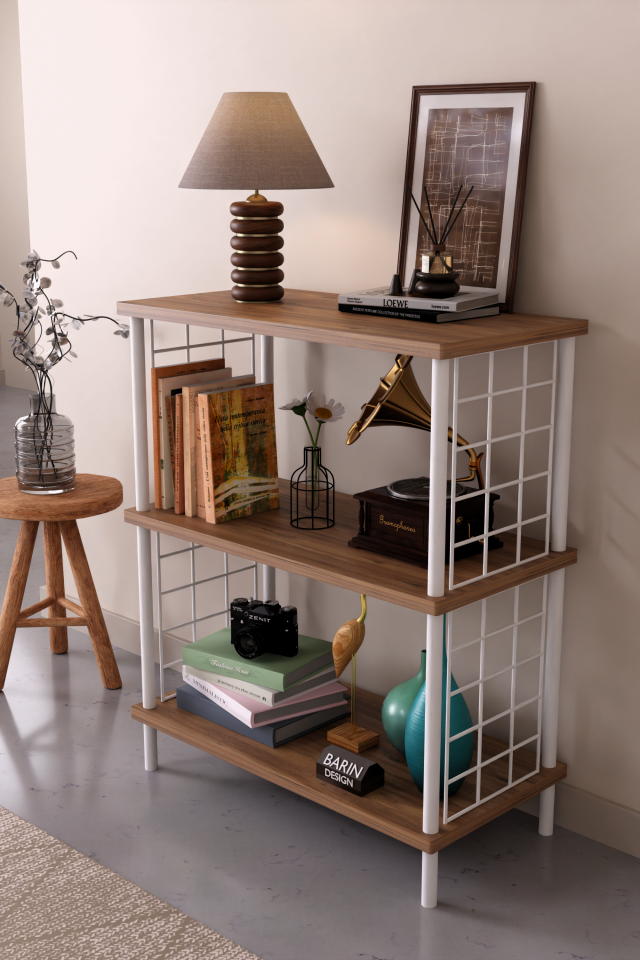 3 Raflı Çevir Tak Beyaz Telli Metal Gövdeli Çok Amaçlı Salon Rafı ve Kitaplık Salon Organizeri Atlantik Çam