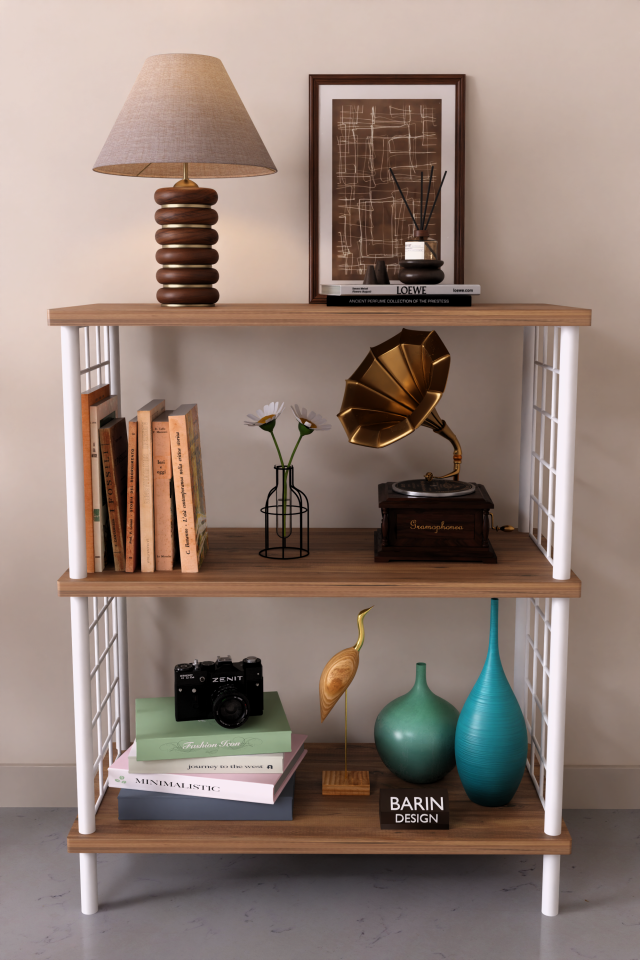 3 Raflı Çevir Tak Beyaz Telli Metal Gövdeli Çok Amaçlı Salon Rafı ve Kitaplık Salon Organizeri Atlantik Çam