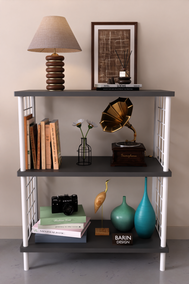 3 Raflı Çevir Tak Beyaz Telli Metal Gövdeli Çok Amaçlı Salon Rafı ve Kitaplık Salon Organizeri Antrasit