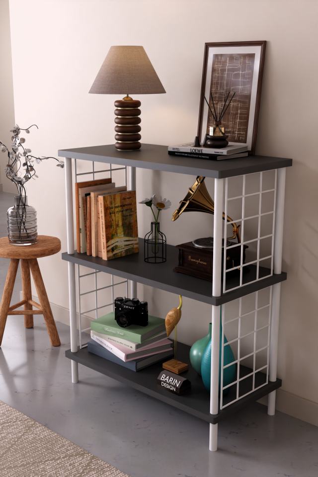 3 Raflı Çevir Tak Beyaz Telli Metal Gövdeli Çok Amaçlı Salon Rafı ve Kitaplık Salon Organizeri Antrasit