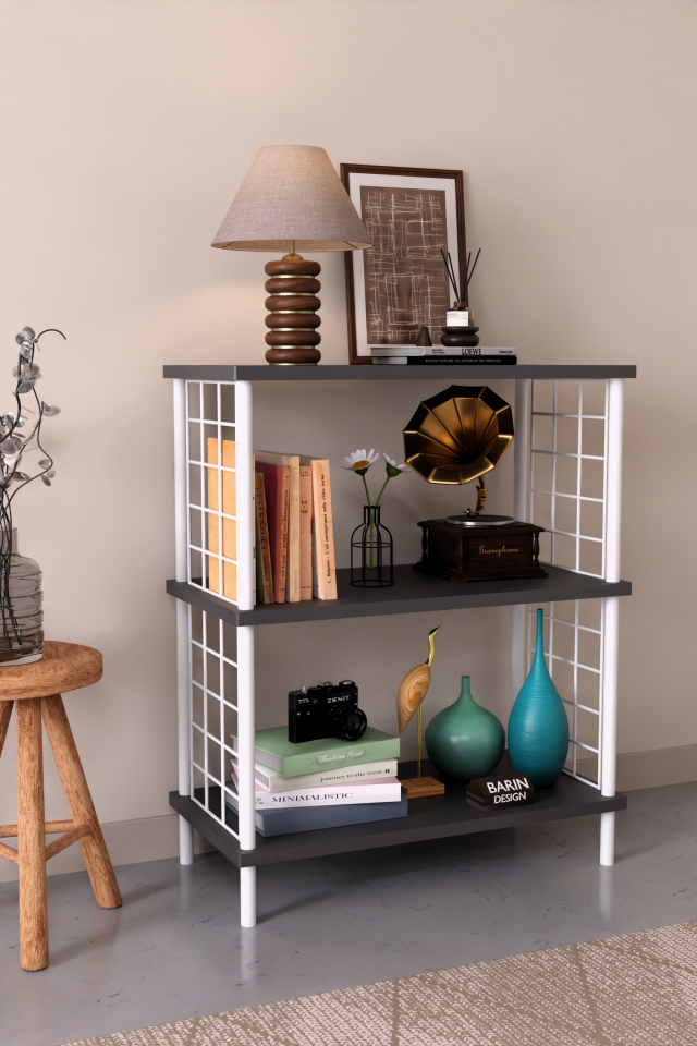 3 Raflı Çevir Tak Beyaz Telli Metal Gövdeli Çok Amaçlı Salon Rafı ve Kitaplık Salon Organizeri Antrasit