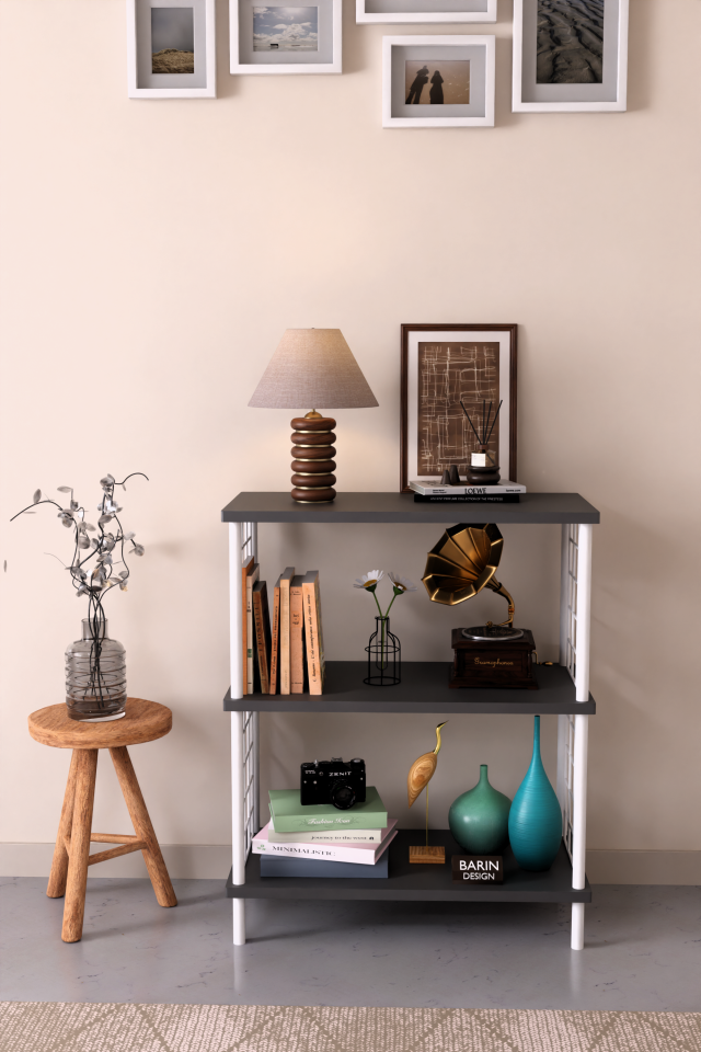 3 Raflı Çevir Tak Beyaz Telli Metal Gövdeli Çok Amaçlı Salon Rafı ve Kitaplık Salon Organizeri Antrasit