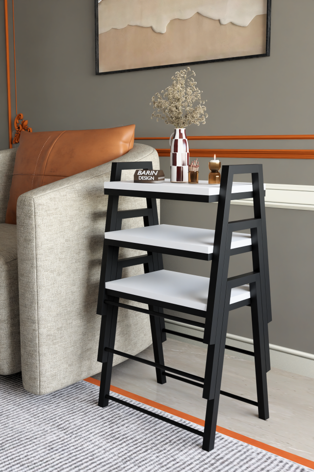 3'lü İç İçe Geçmeli Dikdörtgen Zigon Sehpa, Salon Sehpası, Kahve Sehpası Beyaz