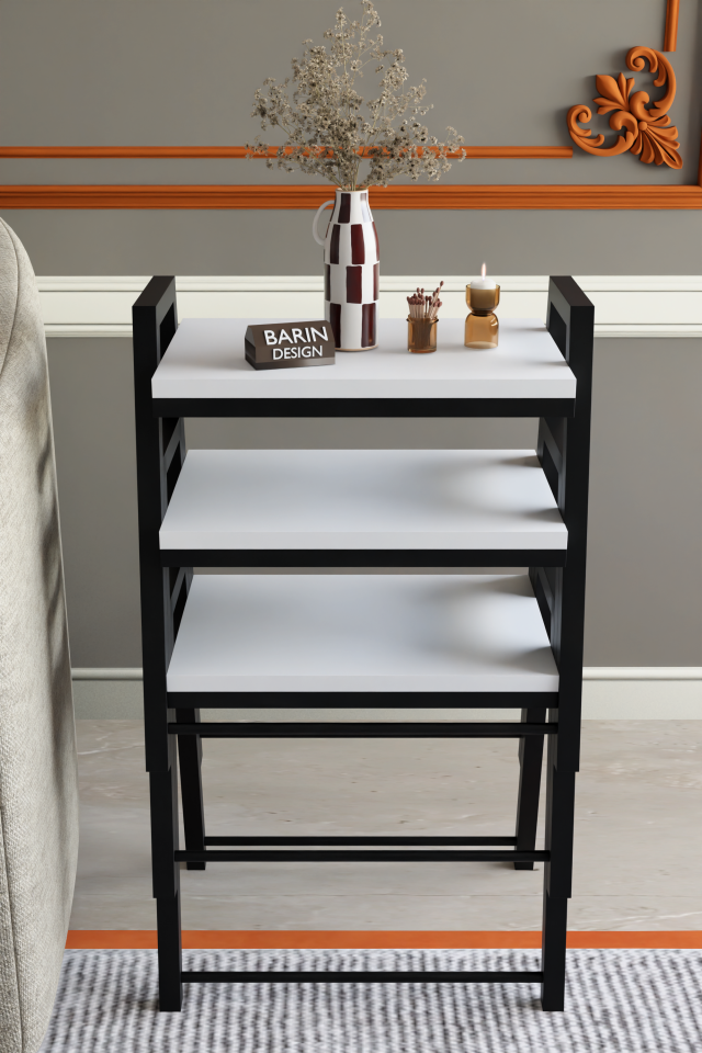 3'lü İç İçe Geçmeli Dikdörtgen Zigon Sehpa, Salon Sehpası, Kahve Sehpası Beyaz