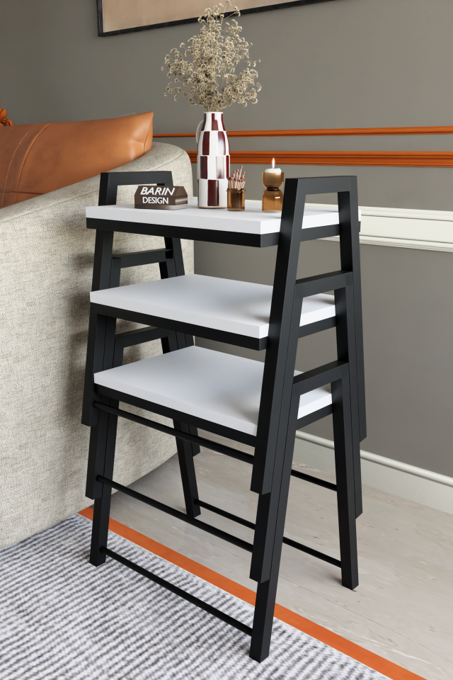 3'lü İç İçe Geçmeli Dikdörtgen Zigon Sehpa, Salon Sehpası, Kahve Sehpası Beyaz