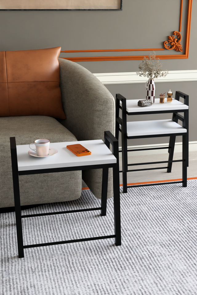 3'lü İç İçe Geçmeli Dikdörtgen Zigon Sehpa, Salon Sehpası, Kahve Sehpası Beyaz