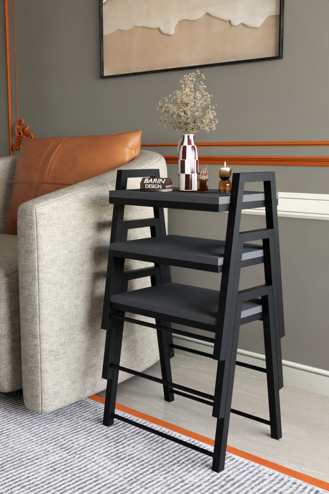 3'lü İç İçe Geçmeli Dikdörtgen Zigon Sehpa, Salon Sehpası, Kahve Sehpası Antrasit