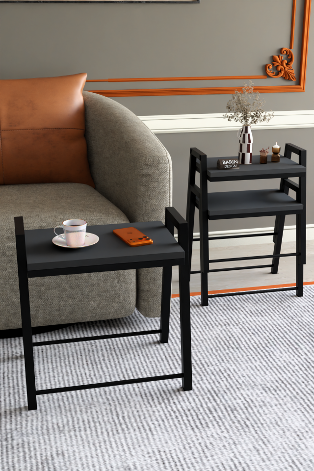 3'lü İç İçe Geçmeli Dikdörtgen Zigon Sehpa, Salon Sehpası, Kahve Sehpası Antrasit