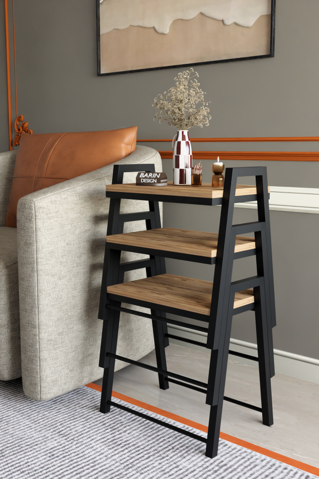 3'lü İç İçe Geçmeli Dikdörtgen Zigon Sehpa, Salon Sehpası, Kahve Sehpası Atlantik Çam