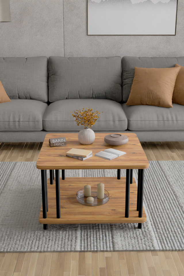 Modern Kare Orta Sehpa Çift Katlı Siyah Metal Ayaklı Salon, Ofis, Dekoratif Masa ATLANTİK ÇAM