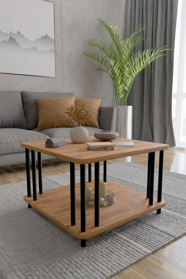 Modern Kare Orta Sehpa Çift Katlı Siyah Metal Ayaklı Salon, Ofis, Dekoratif Masa ATLANTİK ÇAM