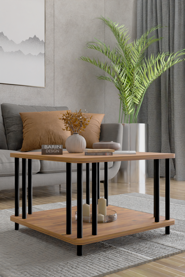 Modern Kare Orta Sehpa Çift Katlı Siyah Metal Ayaklı Salon, Ofis, Dekoratif Masa ATLANTİK ÇAM