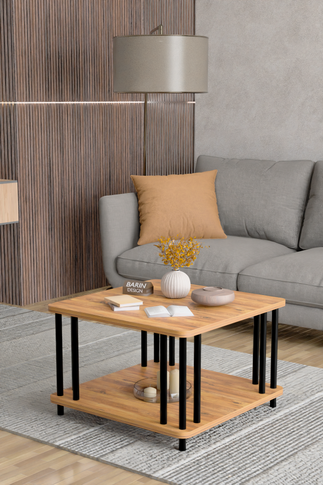 Modern Kare Orta Sehpa Çift Katlı Siyah Metal Ayaklı Salon, Ofis, Dekoratif Masa ATLANTİK ÇAM