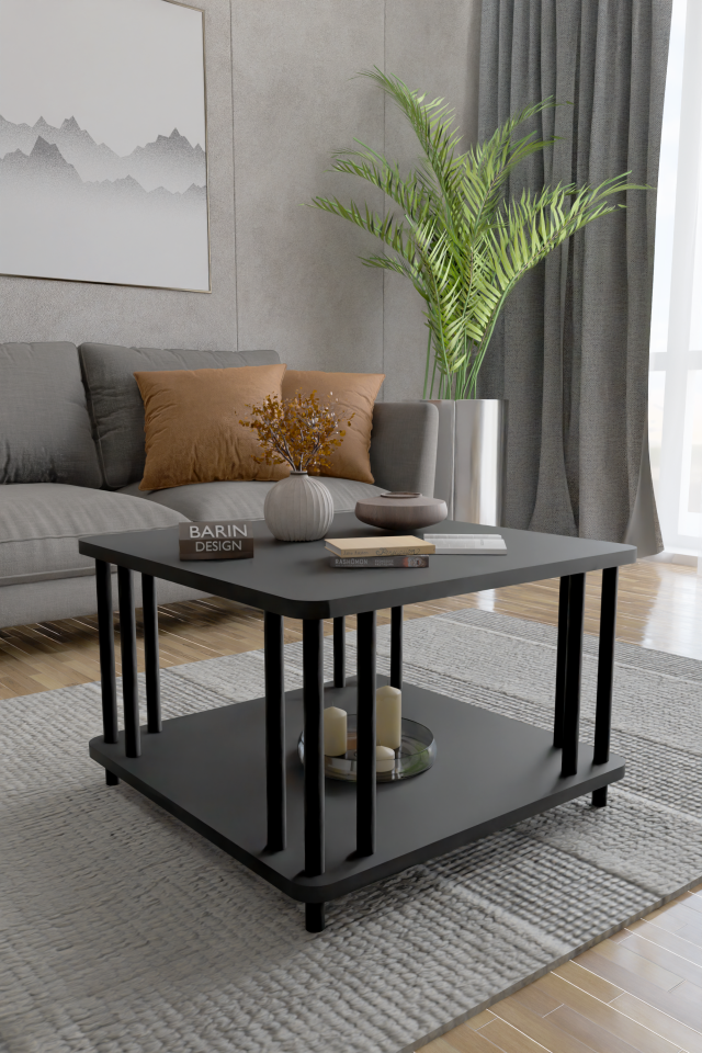Modern Kare Orta Sehpa Çift Katlı Siyah Metal Ayaklı Salon, Ofis, Dekoratif Masa ANTRASİT