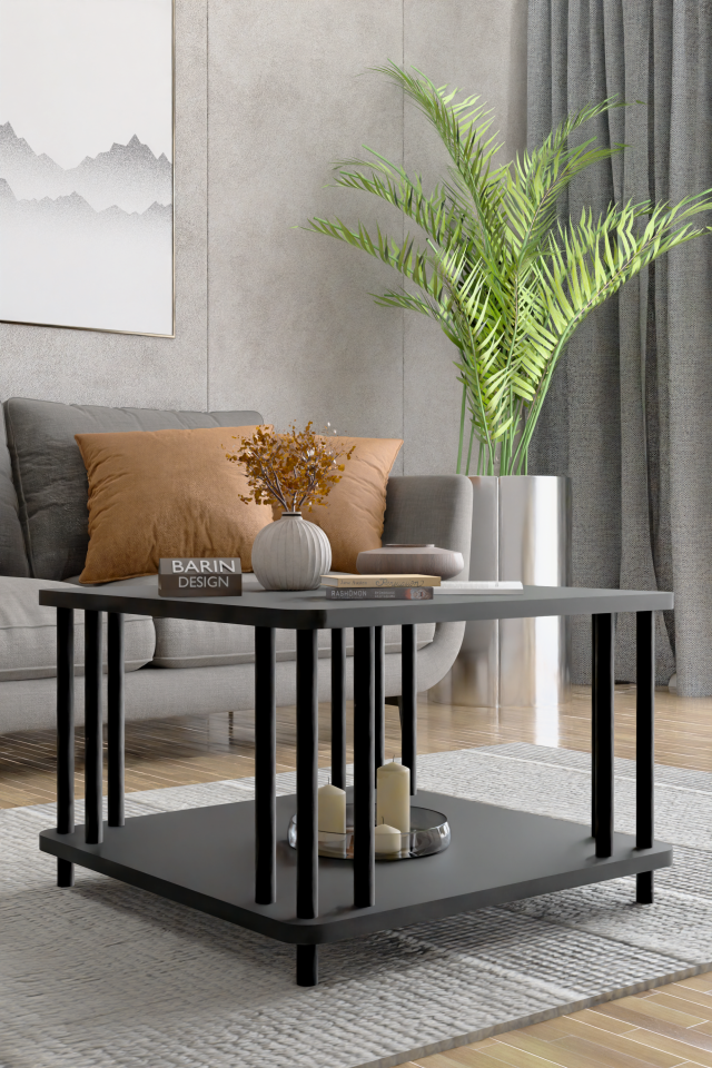 Modern Kare Orta Sehpa Çift Katlı Siyah Metal Ayaklı Salon, Ofis, Dekoratif Masa ANTRASİT