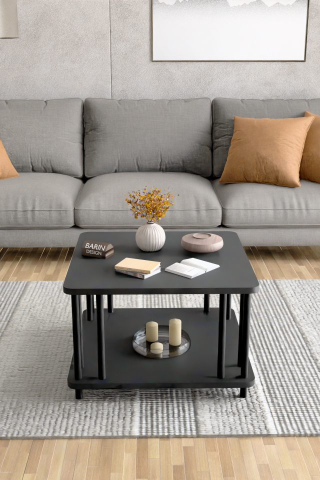 Modern Kare Orta Sehpa Çift Katlı Siyah Metal Ayaklı Salon, Ofis, Dekoratif Masa ANTRASİT