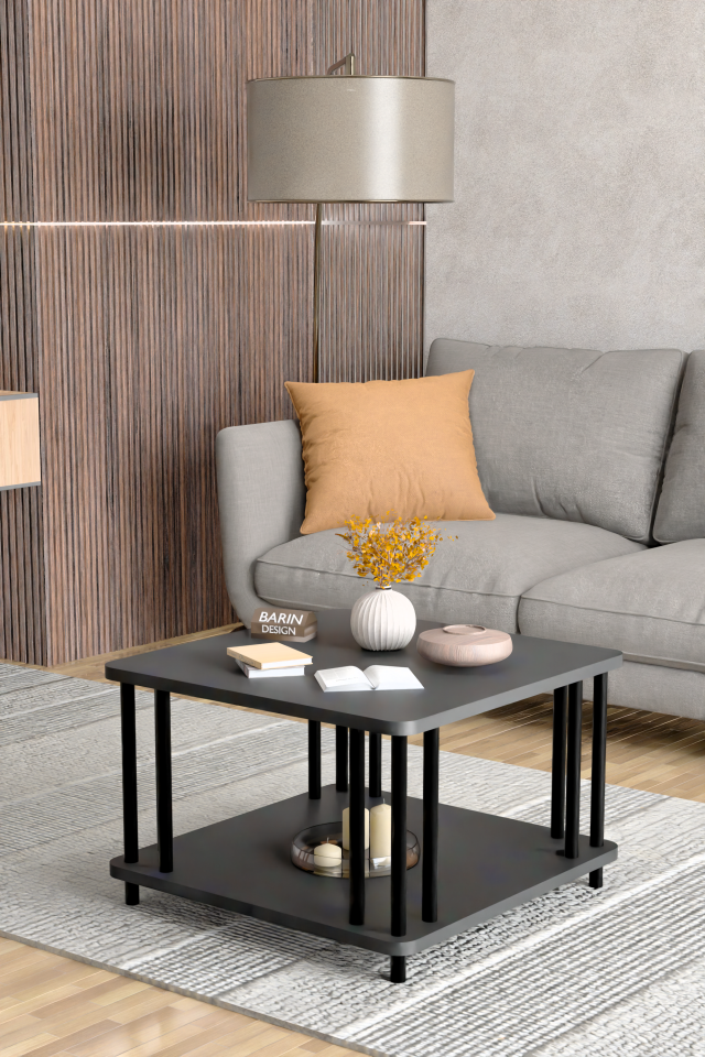 Modern Kare Orta Sehpa Çift Katlı Siyah Metal Ayaklı Salon, Ofis, Dekoratif Masa ANTRASİT